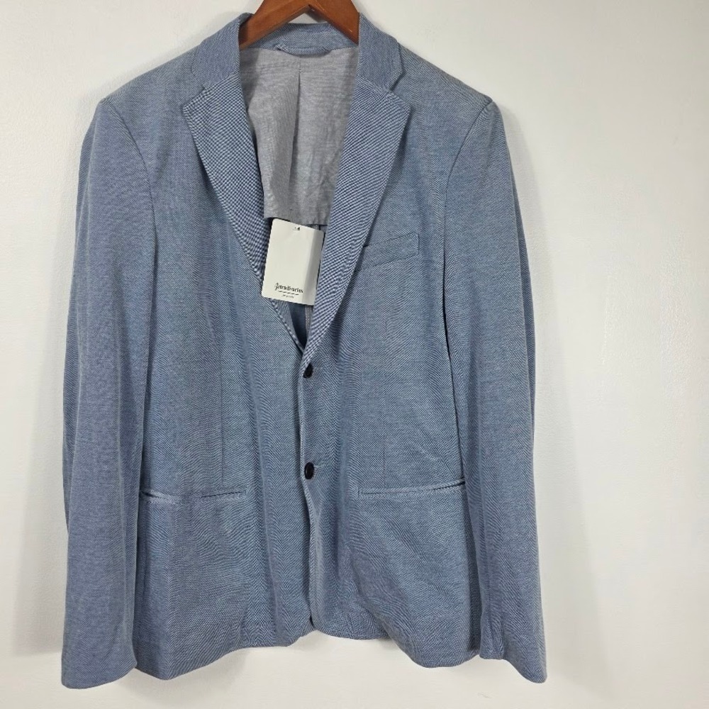 Stradivarius Blazer Mens Size M Blue Micro-Pattern Cotton Blend Sportcoat